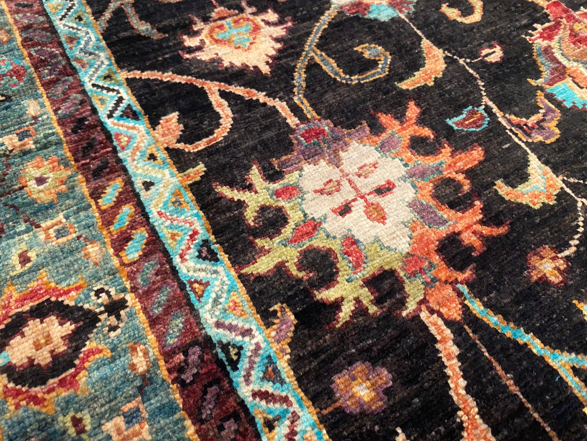 Black and Green Floral Handmade Rug 4x6 ft | Wool Carpet Cappadocia Rug Collection