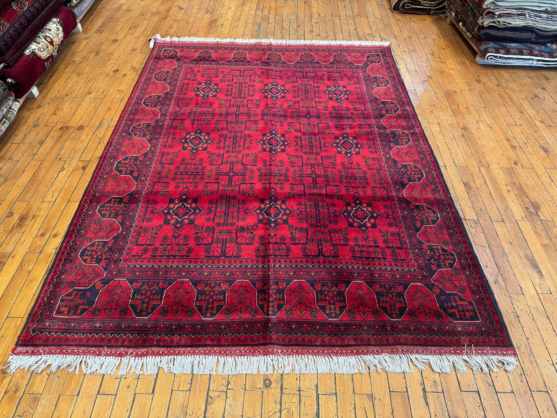 Handmade Burgundy Wool Rug – Geometric Pattern, Unique Design 5x7ft Cappadocia Rug Collection