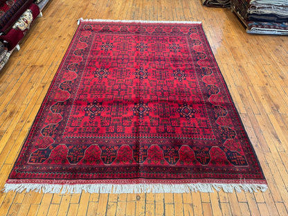 Handmade Burgundy Wool Rug – Geometric Pattern, Unique Design 5x7ft Cappadocia Rug Collection