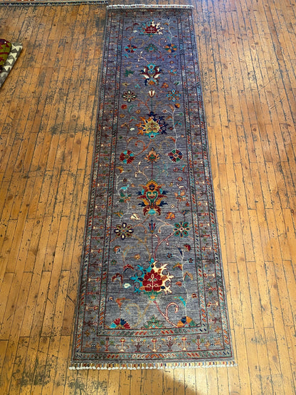 Gray Floral Hand-Knotted Runner Rug: 3''x9'' Premium Double-Knotted Artisan Piece