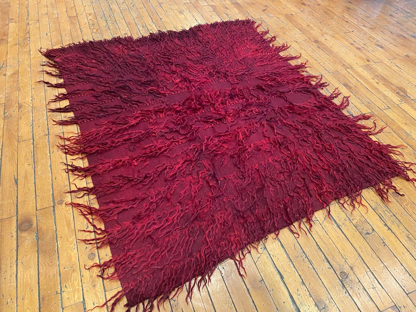 Authentic Turkish Tulu Rug – Handmade Wool Shag Carpet, Anatolian Tribal Design  3'6''x4'3''ft