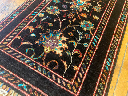 Floral Black Background Turkish Rug - Handmade Vintage Style Runner 2x3 ft