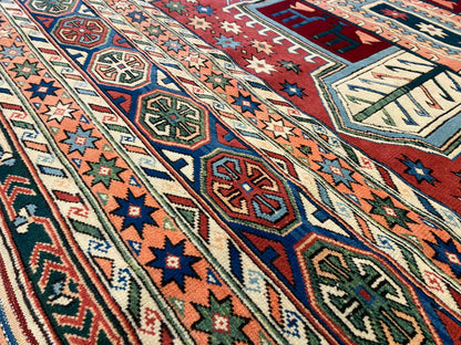 Hand-Knotted Wool Oriental Carpet with Geometric Tribal Cross 7’2”x9”