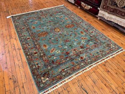 Handwoven Turquoise Wool Rug 5x7ft – Oriental Floral Design Turkish Carpet Cappadocia Rug Collection