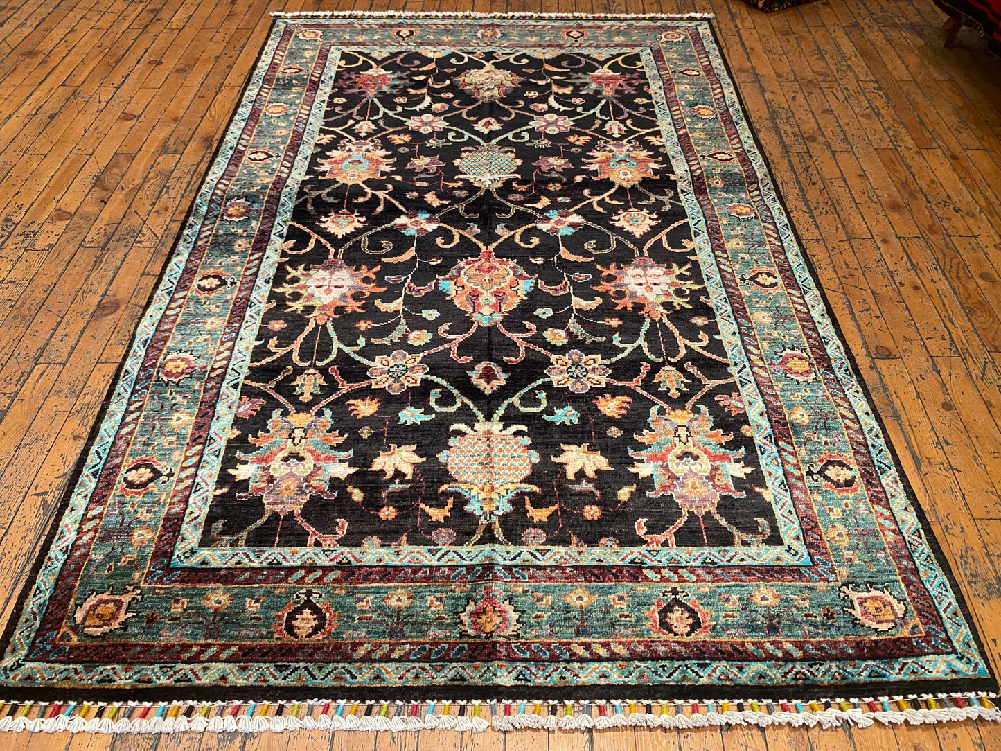 Black and Green Floral Handmade Rug 4x6 ft | Wool Carpet Cappadocia Rug Collection