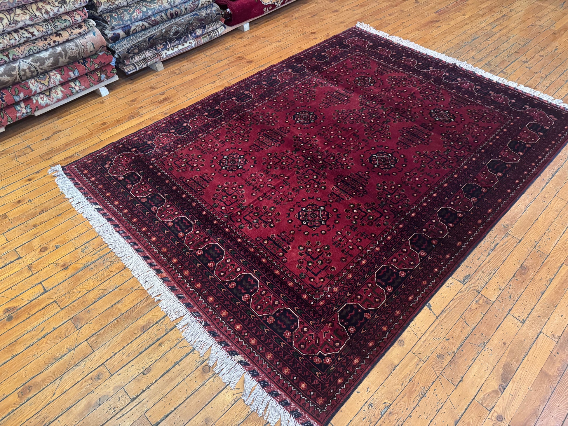 Authentic Deep Red Wool Rug – Handwoven, Geometric Design 5x7ft Cappadocia Rug Collection