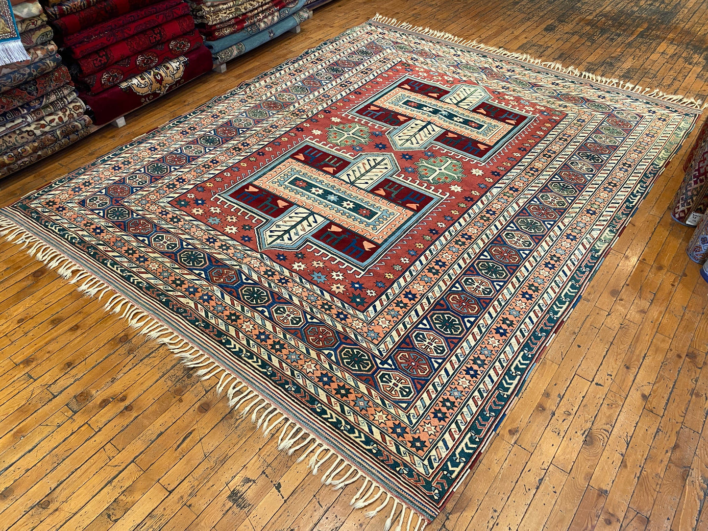 Hand-Knotted Wool Oriental Carpet with Geometric Tribal Cross 7’2”x9”