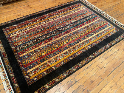 Handmade Zara Inspired Wool Area Rug - Vintage Style Hand-Knotted Neutral Black Oriental Carpet with Textured Design for Living Room, Bedroom Decor 4”x5’9”ft