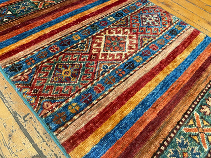 Handwoven Tribal Runner Rug – Vintage Anatolian Carpet with Geometric Motifs 2x7ft