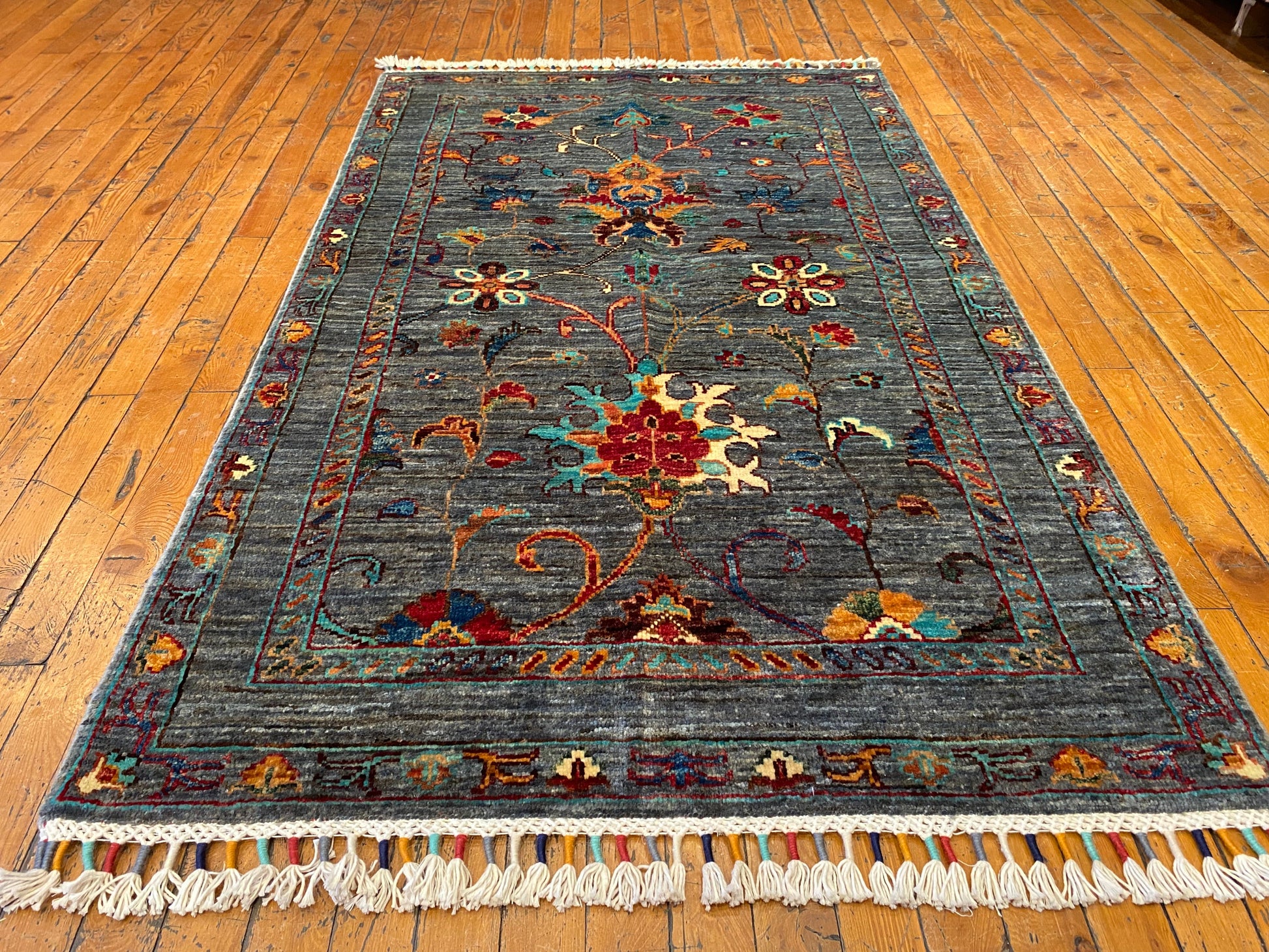Indigo Gray Floral Handmade Area Rug 3x5 ft 130x85cm Cappadocia Rug Collection