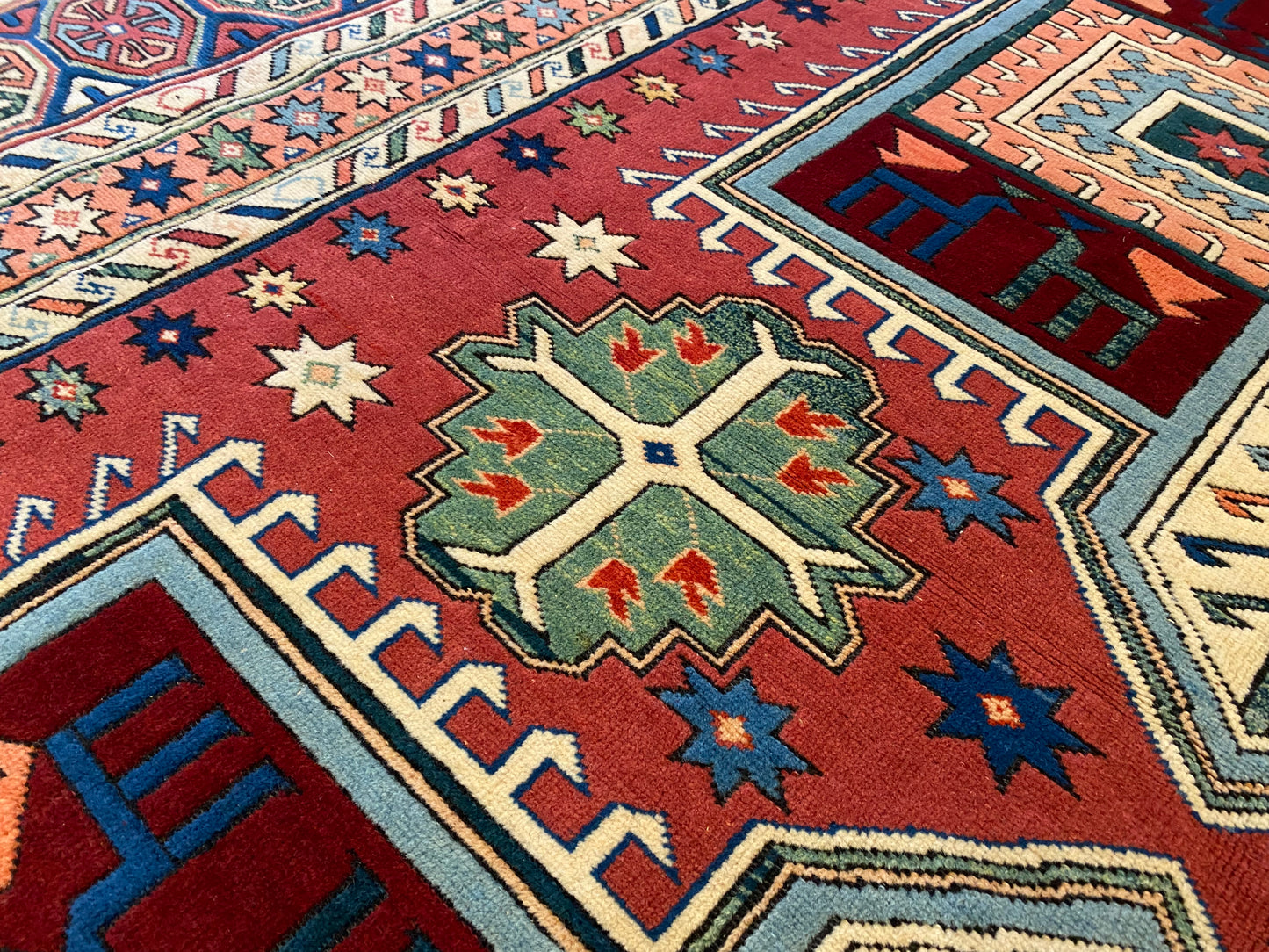 Hand-Knotted Wool Oriental Carpet with Geometric Tribal Cross 7’2”x9”