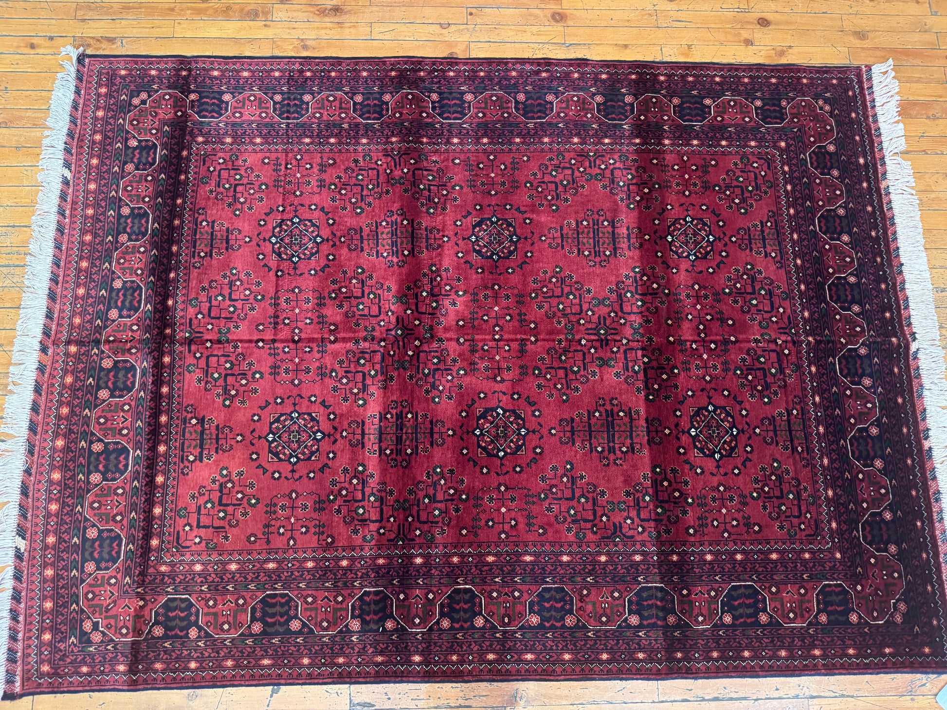Authentic Deep Red Wool Rug – Handwoven, Geometric Design 5x7ft Cappadocia Rug Collection