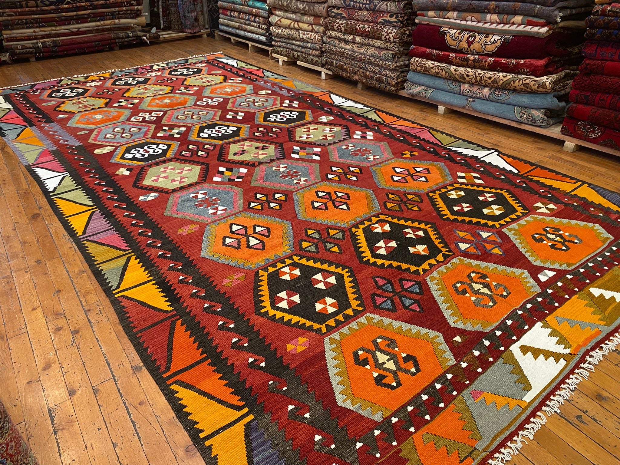 Large Red Anatolian Kilim Runner Rug | Handwoven Wool & Cotton