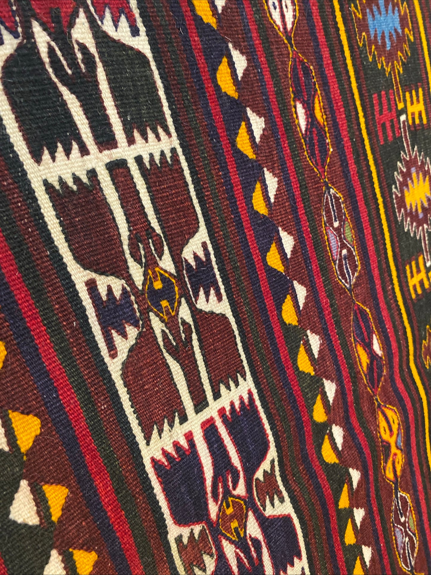 Vintage Anatolian Turkish Kilim Runner - Handwoven Wool Rug with Geometric Tribal Patterns in Maroon, Yellow & Multicolor  2'9''x4'8''