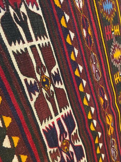 Vintage Anatolian Turkish Kilim Runner - Handwoven Wool Rug with Geometric Tribal Patterns in Maroon, Yellow & Multicolor  2'9''x4'8''