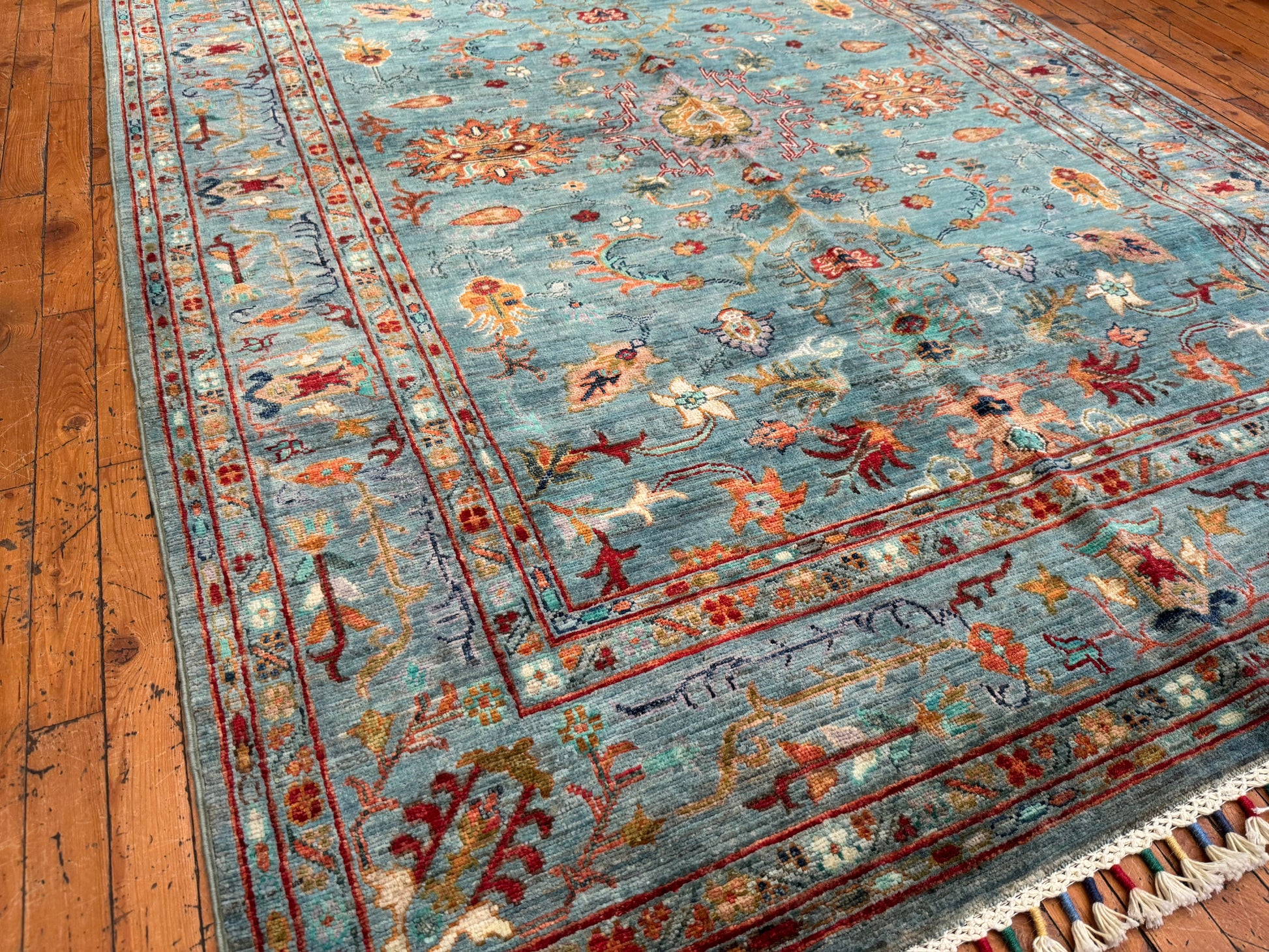 Handwoven Turquoise Wool Rug 5x7ft – Oriental Floral Design Turkish Carpet Cappadocia Rug Collection