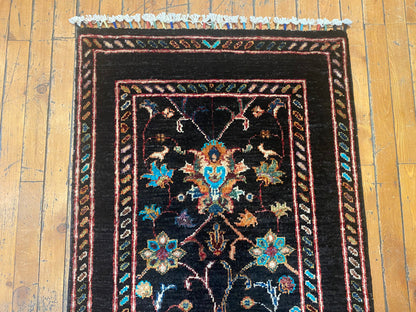 Floral Black Background Turkish Rug - Handmade Vintage Style Runner 2x3 ft