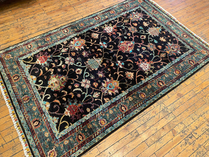 Black and Green Floral Handmade Rug 4x6 ft | Wool Carpet Cappadocia Rug Collection