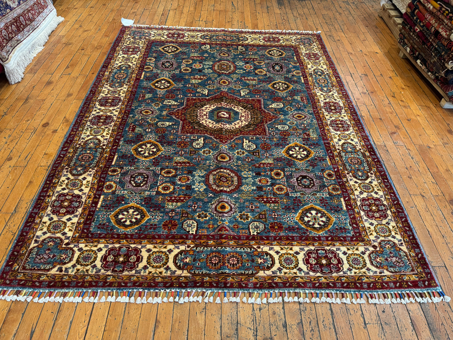 Handwoven Wool Rug with Central Medallion - Traditional Oriental Design in Blue and Red 5x7 ft