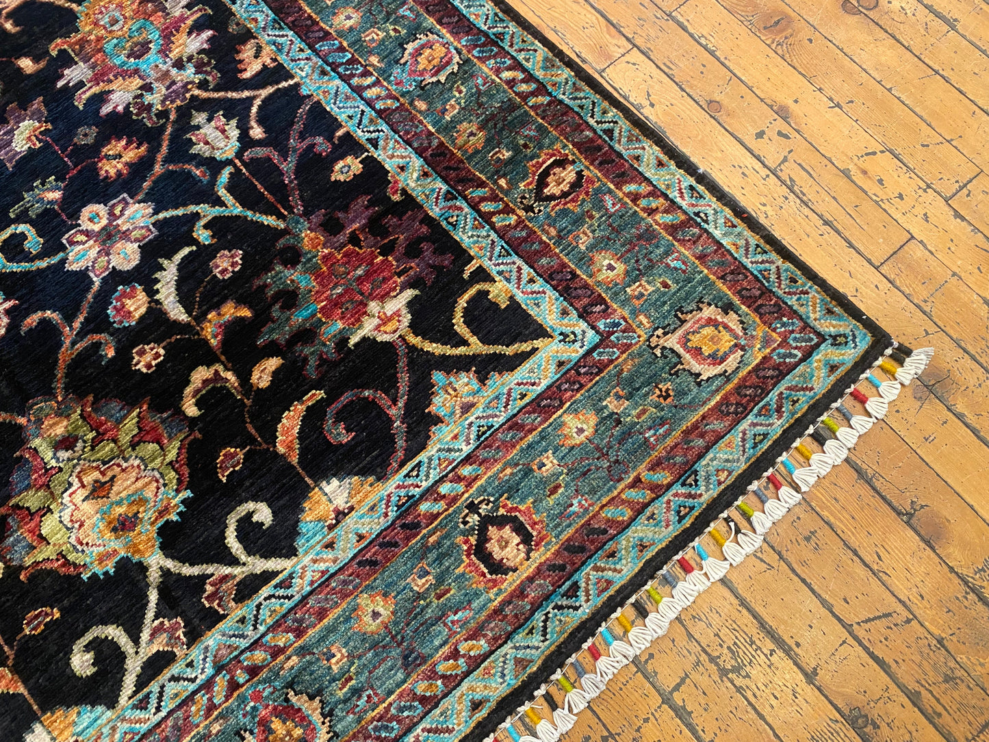 Black and Green Floral Handmade Rug 4x6 ft | Wool Carpet Cappadocia Rug Collection