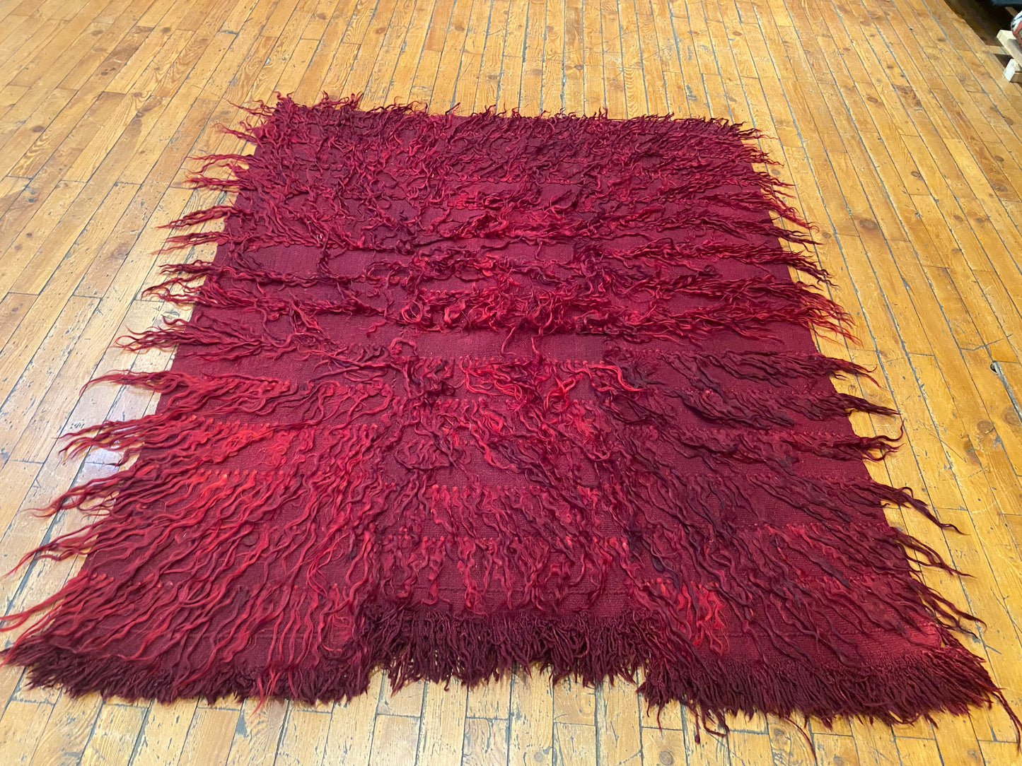 Authentic Turkish Tulu Rug – Handmade Wool Shag Carpet, Anatolian Tribal Design  3'6''x4'3''ft