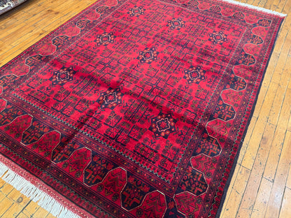 Handmade Burgundy Wool Rug – Geometric Pattern, Unique Design 5x7ft Cappadocia Rug Collection