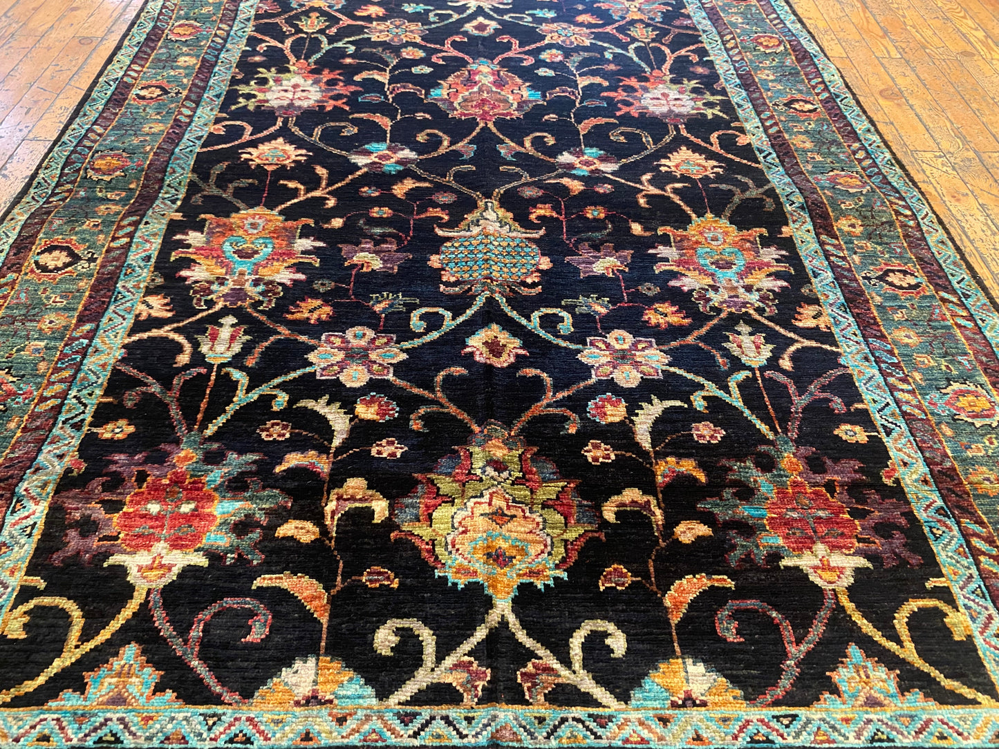 Black and Green Floral Handmade Rug 4x6 ft | Wool Carpet Cappadocia Rug Collection