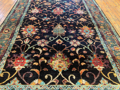 Black and Green Floral Handmade Rug 4x6 ft | Wool Carpet Cappadocia Rug Collection
