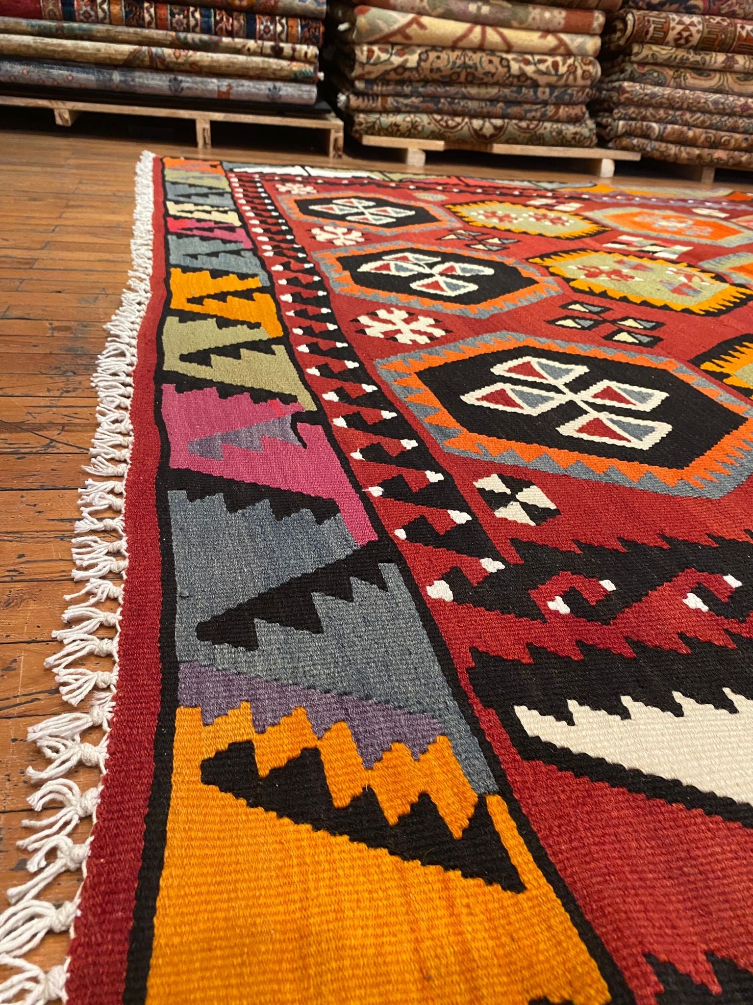 Large Red Anatolian Kilim Runner Rug | Handwoven Wool & Cotton