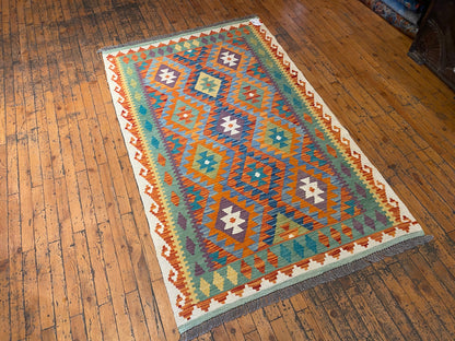 Geometric Handmade Kilim Rug 4x6 ft  - Authentic Anatolian Flatweave Cappadocia Rug Collection