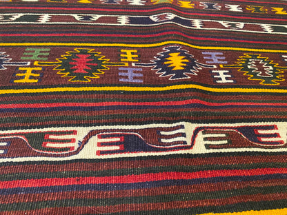 Vintage Anatolian Turkish Kilim Runner - Handwoven Wool Rug with Geometric Tribal Patterns in Maroon, Yellow & Multicolor  2'9''x4'8''