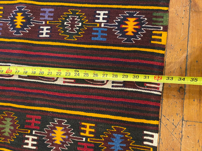Vintage Anatolian Turkish Kilim Runner - Handwoven Wool Rug with Geometric Tribal Patterns in Maroon, Yellow & Multicolor  2'9''x4'8''