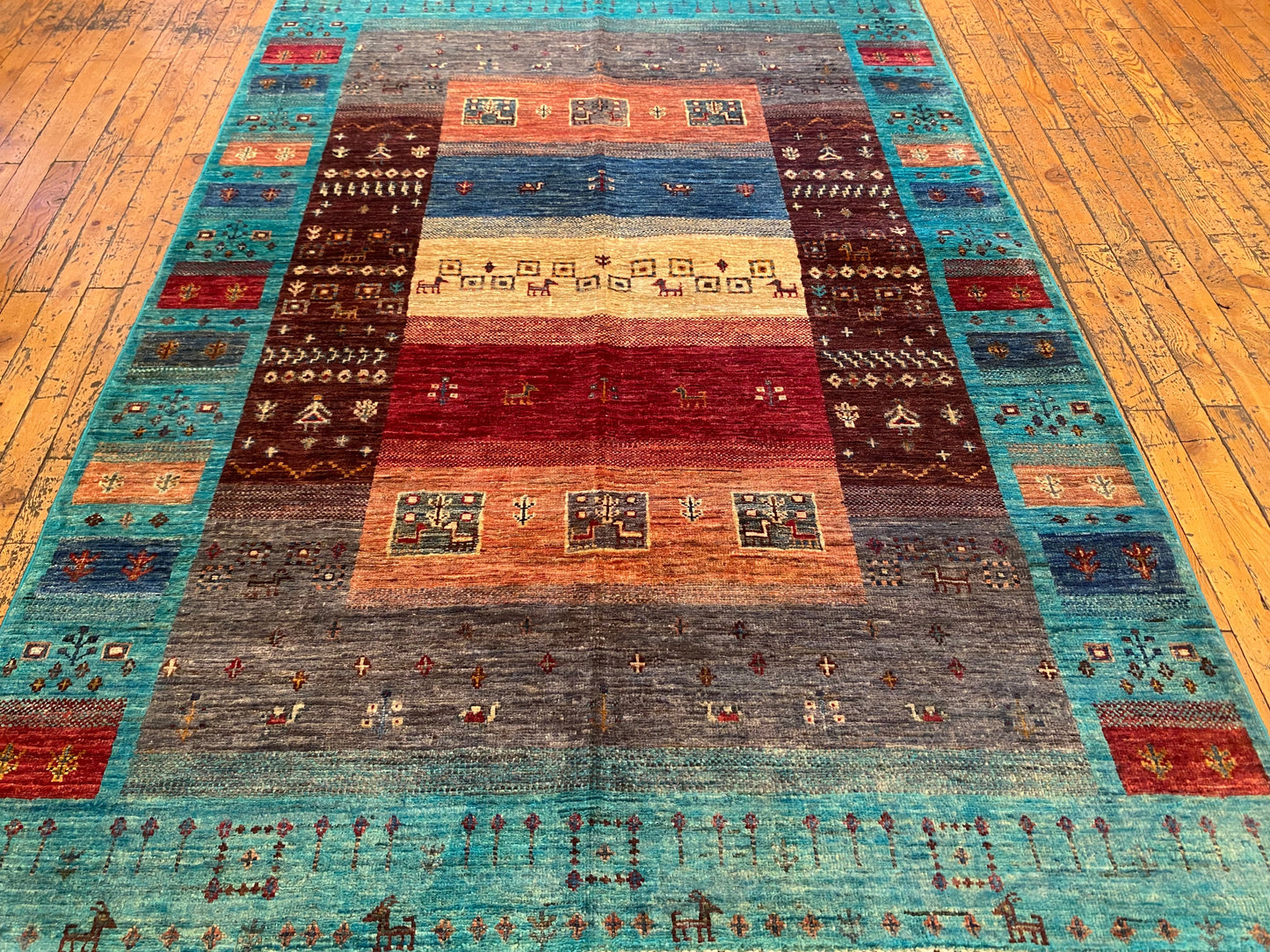 Turquoise Gabbeh Rug 4x6 ft | Handwoven Wool Carpet | Premium Home Decor Cappadocia Rug Collection