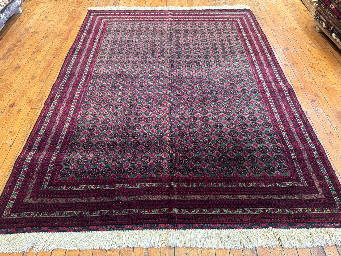 Deep Red Bukhara Hand-Knotted Wool Rug – Geometric Pattern Vintage Carpet 5x7ft Cappadocia Rug Collection