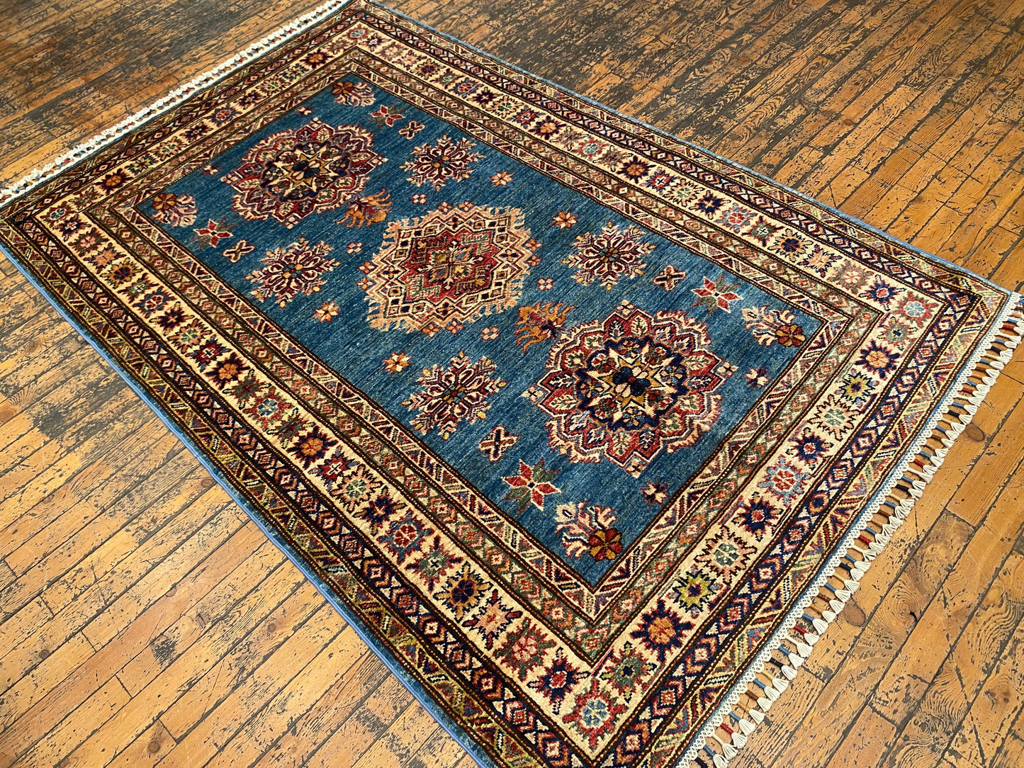 Geometric Turquoise Handmade Kilim Rug 4x6 ft - Authentic  Wool Carpet Cappadocia Rug Collection