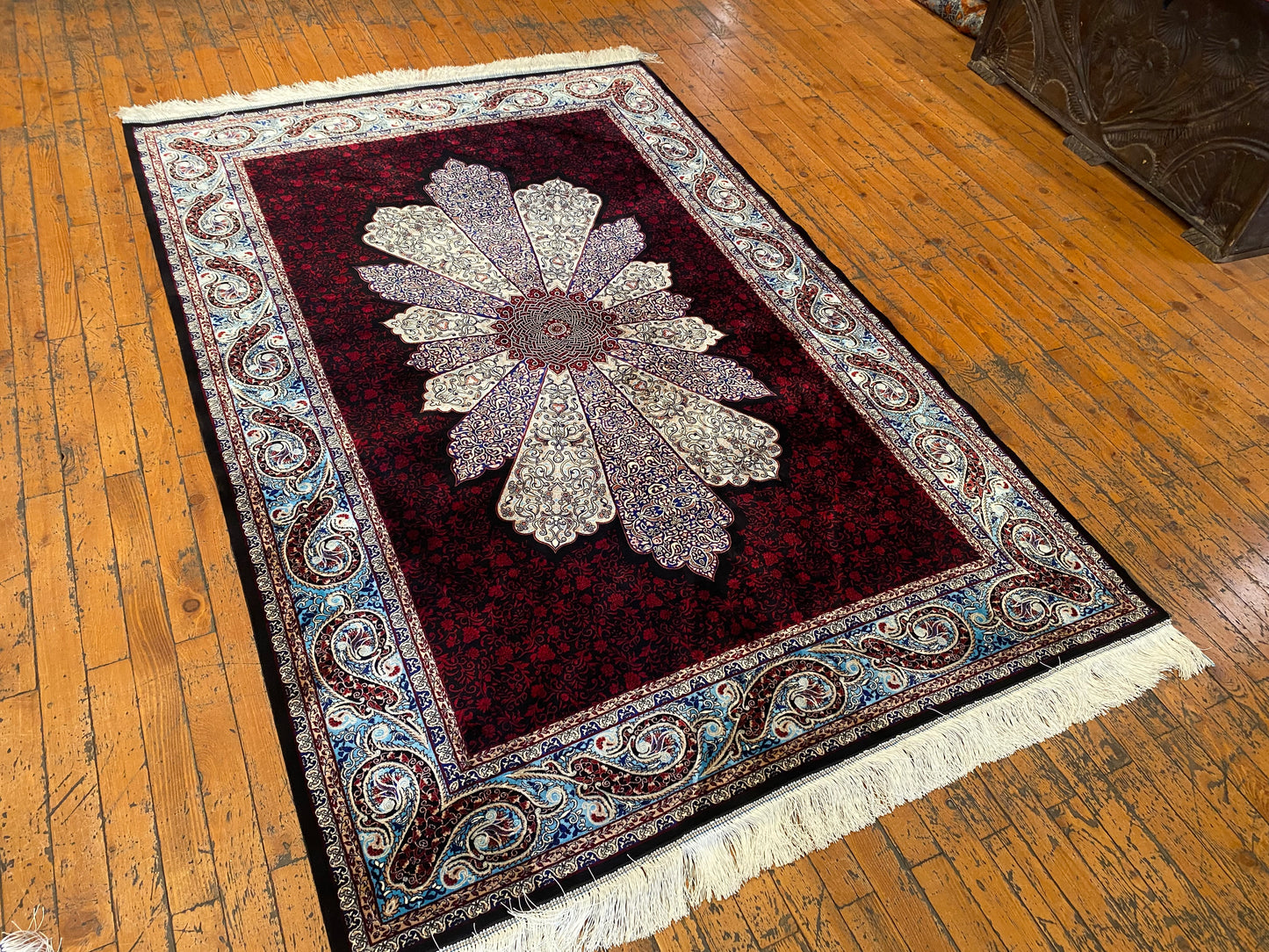 Black Red Medallion Turkish Silk Carpet 4x6ft – Luxury Anatolian Area Rug for Home Decor