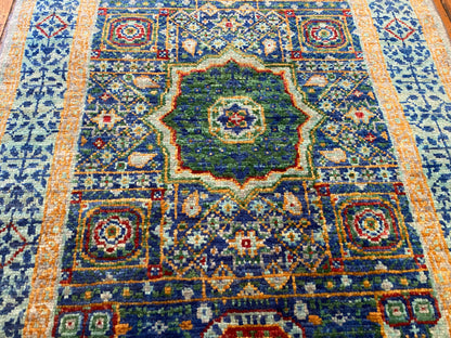 Turkish Hand-Knotted Runner – Oriental Wool Rug with Geometric Medallions 2x6ft