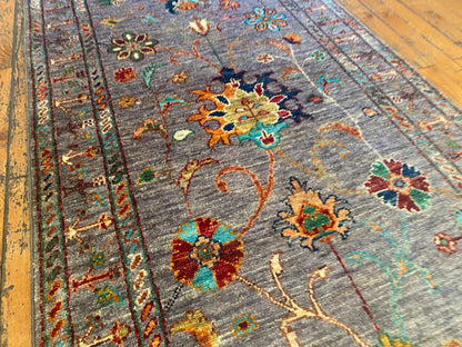 Gray Floral Hand-Knotted Runner Rug: 3''x9'' Premium Double-Knotted Artisan Piece