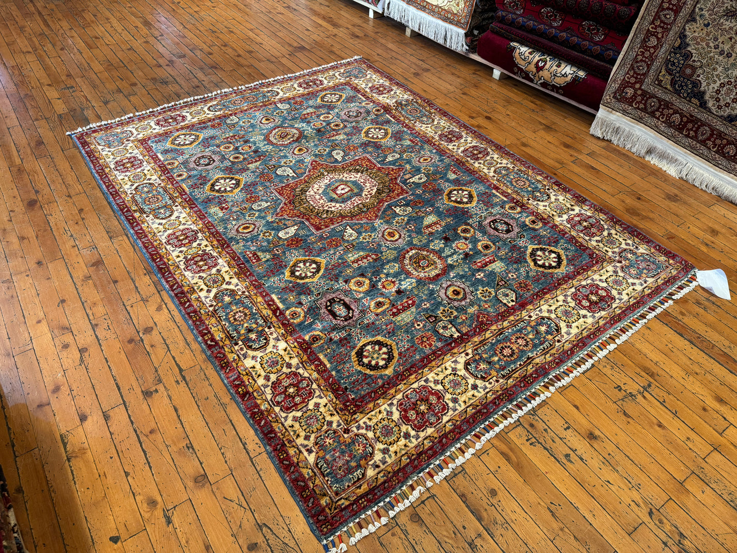 Handwoven Wool Rug with Central Medallion - Traditional Oriental Design in Blue and Red 5x7 ft