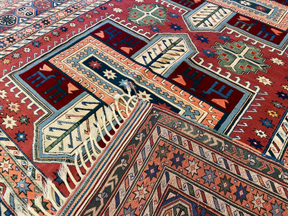 Hand-Knotted Wool Oriental Carpet with Geometric Tribal Cross 7’2”x9”