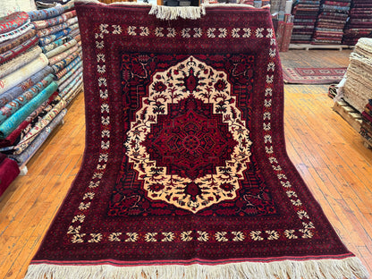 Deep Red Hand-Knotted Wool Rug – Vintage Floral Medallion Carpet 5x7ft Cappadocia Rug Collection