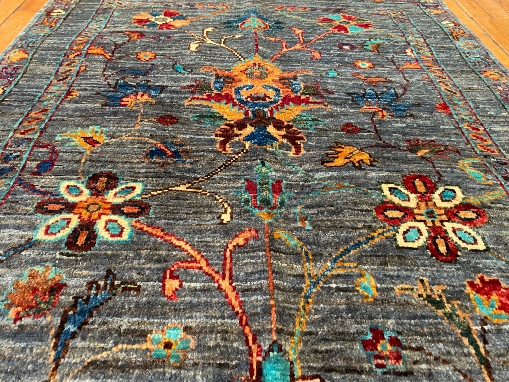 Indigo Gray Floral Handmade Area Rug 3x5 ft 130x85cm Cappadocia Rug Collection