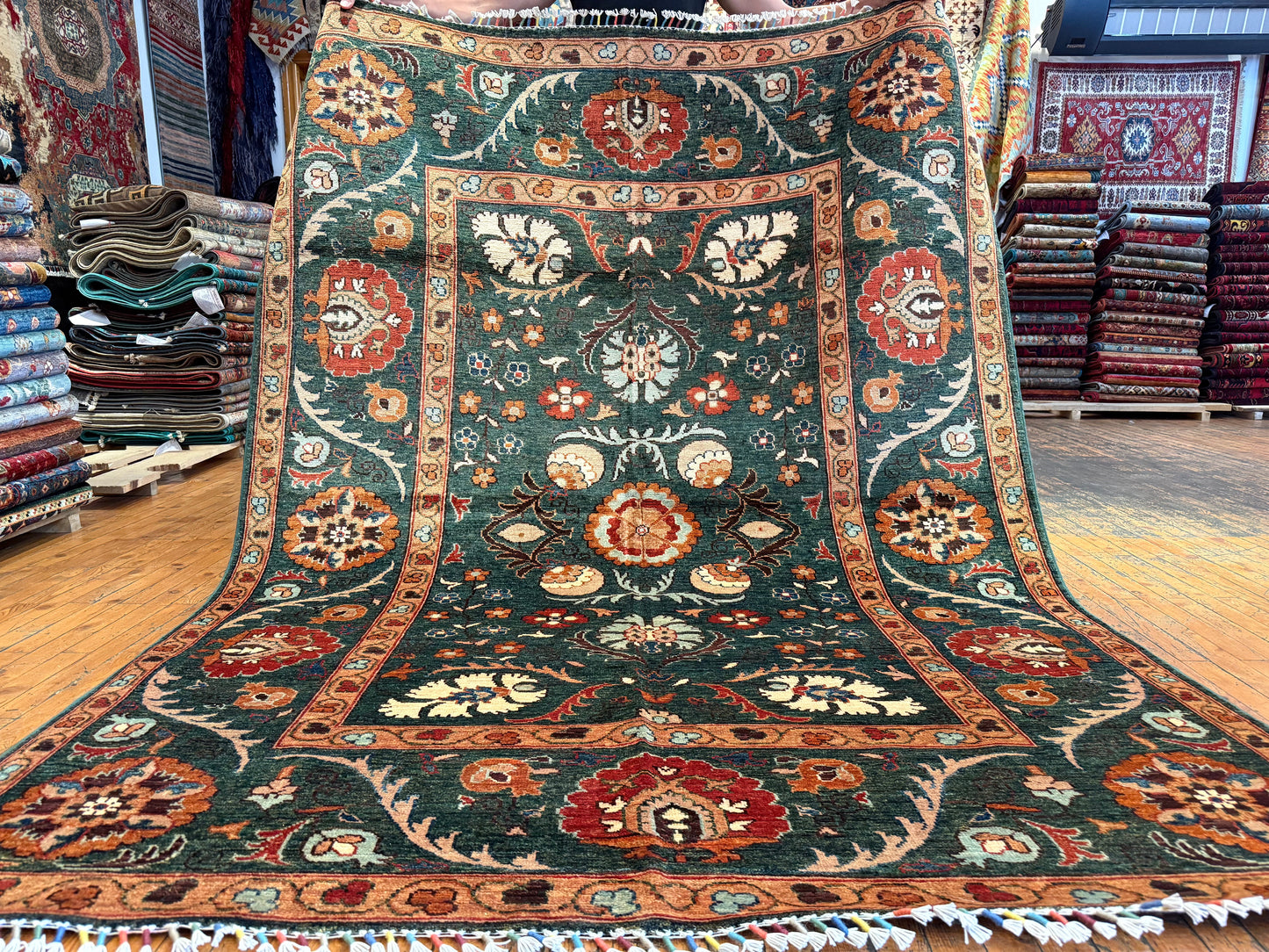 GREEN HAND-KNOTTED CARPET,6 x 8 FT NATURAL DYE CARPET,FLORAL HANDMADE CARPET Cappadocia Rug Collection