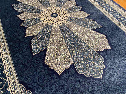 Navy Blue Medallion Vintage Design Oriental Silk Carpet 3”x5''ft