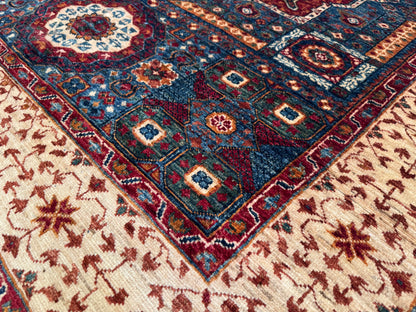 Large Statement Turkish Rug for Living Room - Blue, Red, and Cream Design 5x6ft
