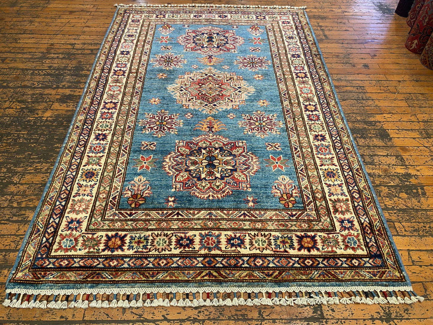 Geometric Turquoise Handmade Kilim Rug 4x6 ft - Authentic  Wool Carpet Cappadocia Rug Collection