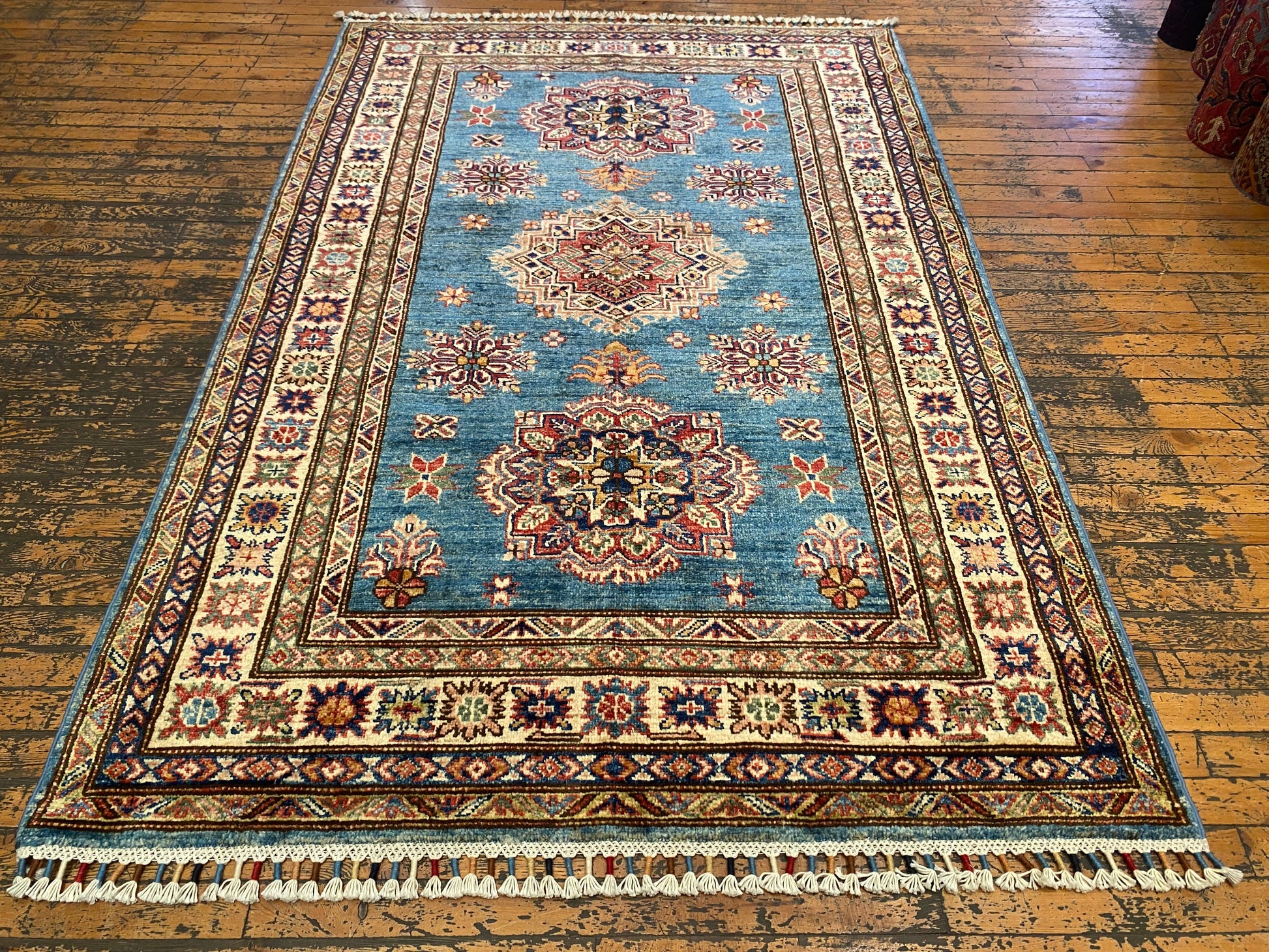 Geometric Turquoise Handmade Kilim Rug 4x6 ft - Authentic  Wool Carpet Cappadocia Rug Collection