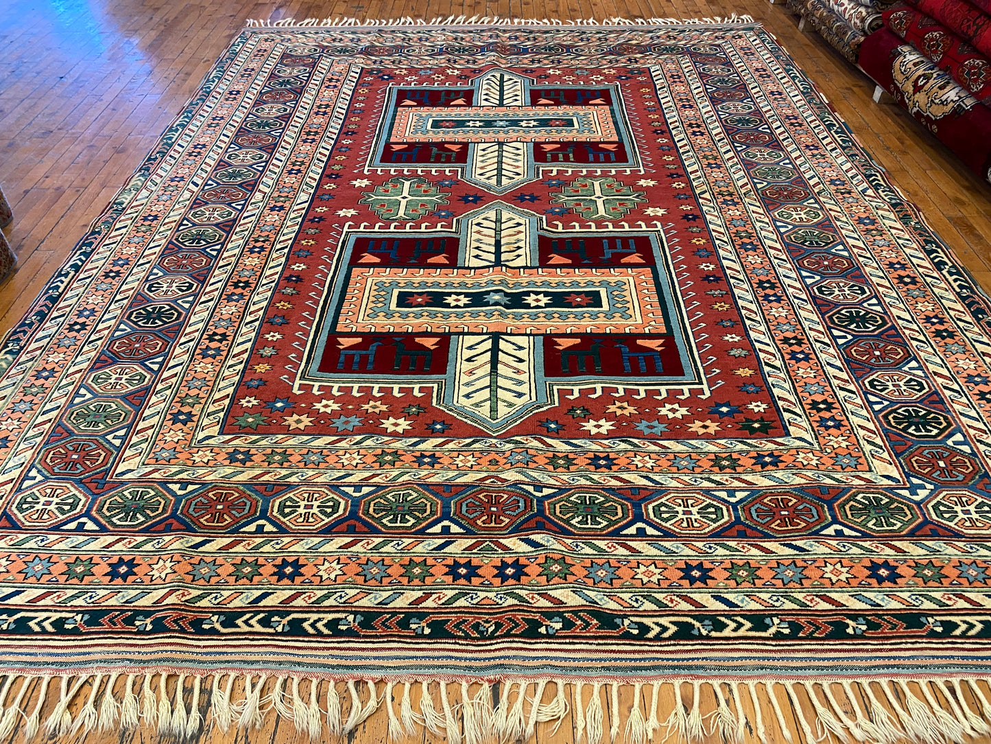 Hand-Knotted Wool Oriental Carpet with Geometric Tribal Cross 7’2”x9”