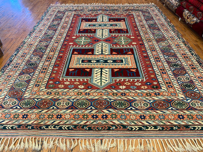 Hand-Knotted Wool Oriental Carpet with Geometric Tribal Cross 7’2”x9”