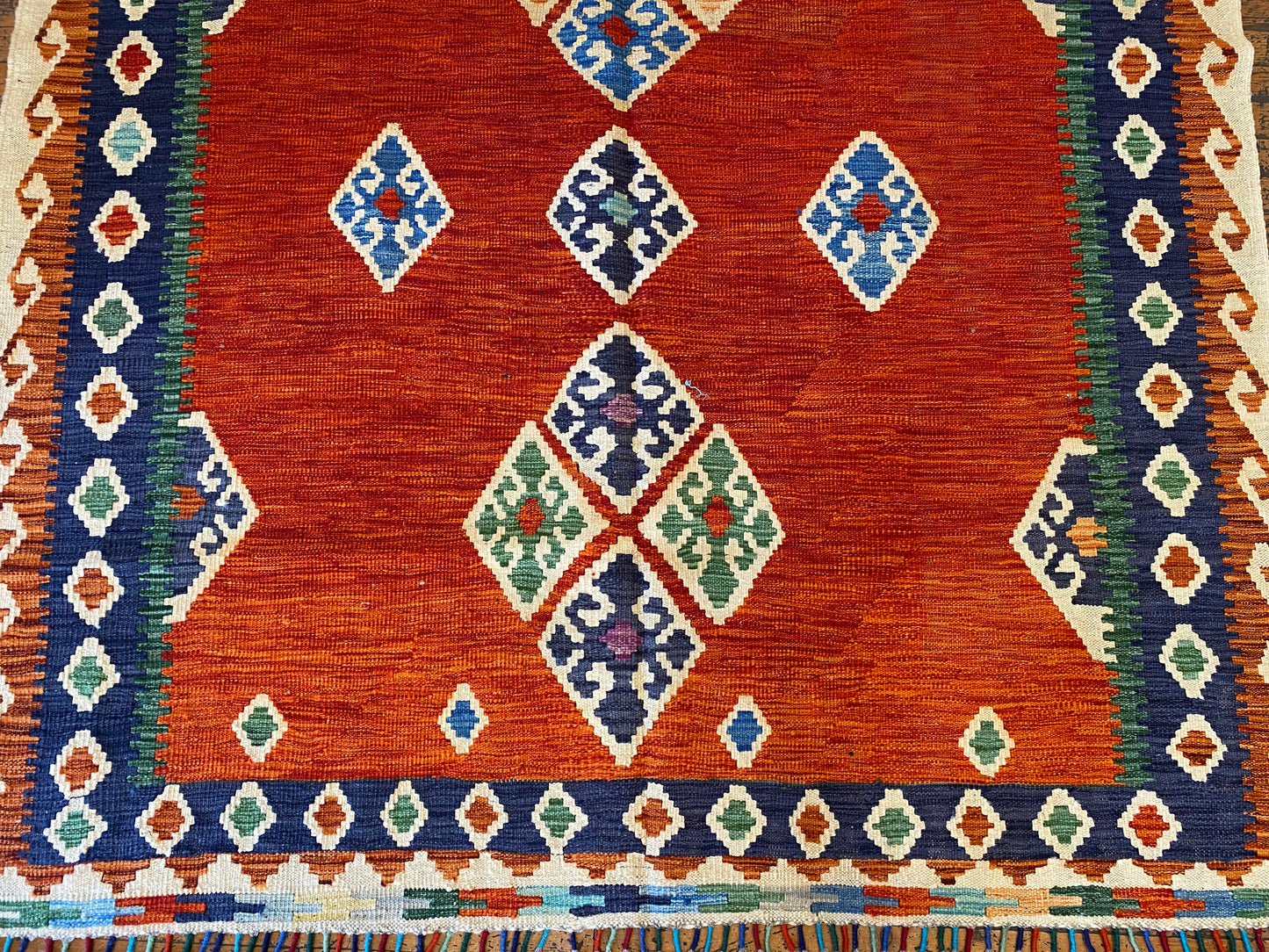 Handwoven Geometric Kilim Rug with Vibrant Tribal Patterns